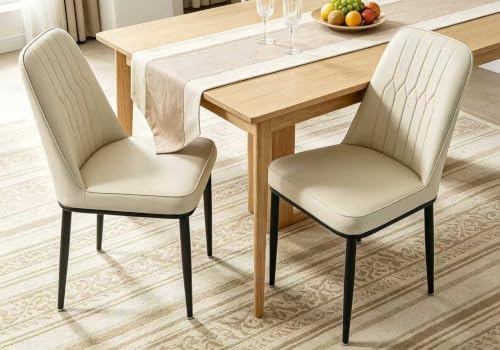 Durrafy Dining Chairs Set of 2 - Off-White Upholstered High Back Kitchen chair with Non-Slip Metal Legs, Easy to Clean Home Chairs for Dining Room Living Room Bedroom Kitchen Lounge