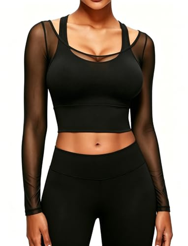 STARBILD Camisas de Manga Larga de Malla para Mujer, Cami Tank Tops Deportivo con Sujetador Incorporado, Camiseta con Efecto de Dos Piezas, Crop Top para Yoga Gimnasio Casual, Negro L