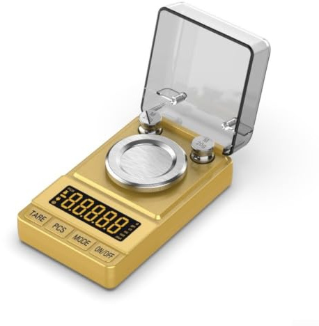 Digitale Feinwaage für Schmuck und Gold, Präzision 0.001g bis 50g, Multifunktions-Milligramm-Waage mit Tarafunktion, Kompaktes Design für Juweliere und Sammler(Golden)