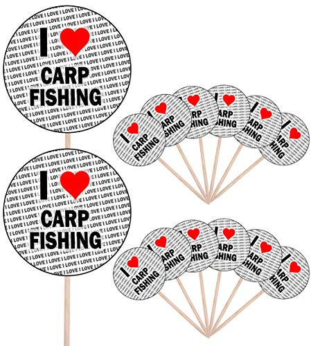 AK Giftshop I Love Carp Fishing - Party Food - Cake Cupcakes - Picks Sticks - Food Flags - Stand Up Decorations Toppers (14 Pack)