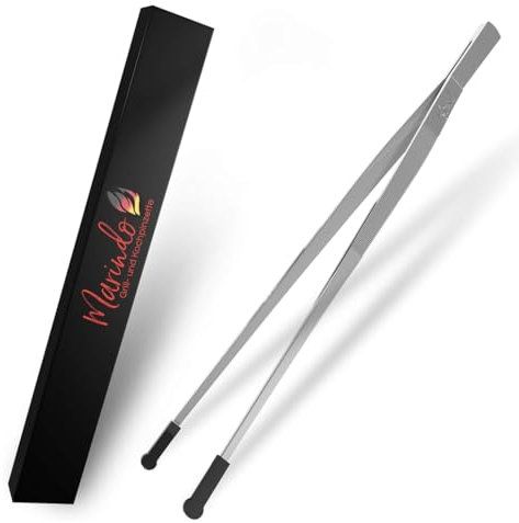 Marindo® Grillpinzette | Kochpinzette | Küchenpinzette | 30cm lang | rostfreier Edelstahl | spülmaschinenfest | gerade Form | Fleischpinzette | Bratpinzette (Edelstahl 30cm Silikonspitzen)