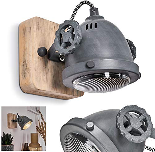 Lampada da parete Herford, lampada da parete regolabile in metallo/legno/vetro in grigio/marrone/natura, 1 attacco GU10, spot da parete in design retro/vintage, senza lampadina/e