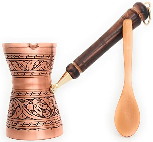 The Silk Road Trade,2022 GCP-Serie (groß) dickstes massives Kupfer gravierte, gehämmerte griechische türkische arabische Kaffeekanne mit Holzgriff, Herd-Kaffeemaschine Cezve, Ibrik, Briki (matt)