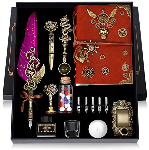 MPRINCE Schreibfeder Tinte Set Leder Notizbuch, Quill Stift Tinte Set mit Quill Stift, Notizbuch, 5 austauschbare Schreibfedern, Siegel Stempel, Löffel, Wachs Perlen, weißes Wachs, Tinte (lila)