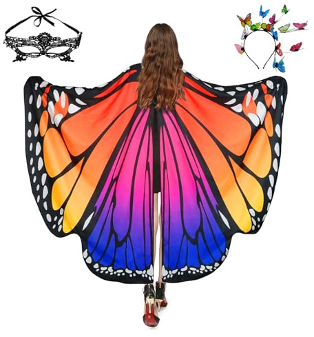 Schmetterling Kostüm Damen Flügel Schmetterlingsflügel Erwachsene Mädchen Faschingskostüme Damen Umhang Verkleidung Schmetterlings Kostüm Zubehör 3 Set mit Schmetterling Haarreif Gesichtsmaske