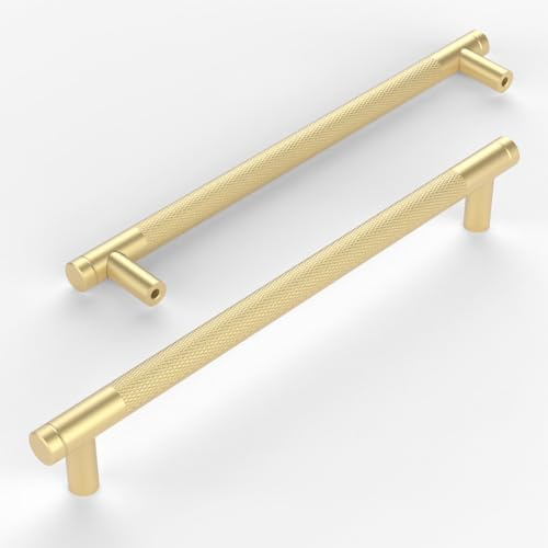 Amerdeco 10 Stück Gold Gerändelte Schrankgriffe 192mm Lochabstand, Aluminium Griffe für Küchenschränke & Möbelgriffe für Schubladen
