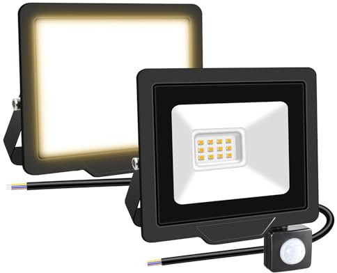 RIGIDON 2x 10W 1000 LM Faretto con Sensore di Movimento, 3000K Bianco Caldo Proiettori Faretto LED da Esterno, Led Floodlight, Luci Esterno Per Giardino, Garage, Strada, Patio, Terrazza, Cortile