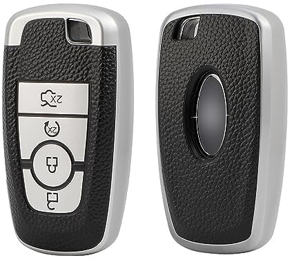 ontto TPU Schlüsselhülle Cover Passt für Ford Fusion Mustang Explorer F250 F150 EcoSport Edge S-MAX Ranger Mondeo Autoschlüssel Hülle Schlüsselanhänger Schutzhülle Schlüsseletui 4 Tasten-Leder Silber