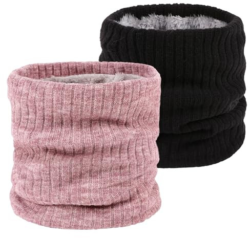 lifwimner 2 Pack Winter Neck Warmer Fleece Infinity Snood Scarf for Mens Women Thermal Knittted Neck Gaiter for Cycling Motorcycle Ski Sports(Black+Pink)