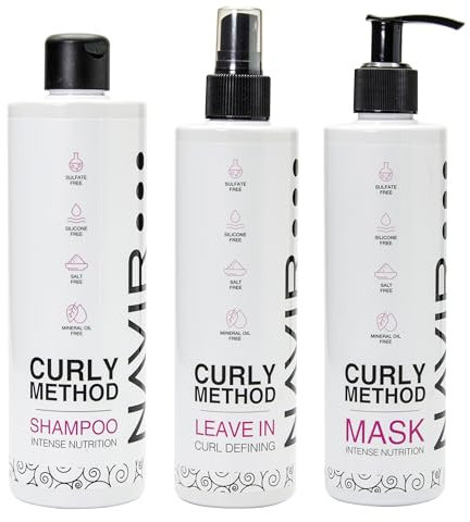 NAVIR Professionnel | Pack Cheveux Bouclés Méthode Curly – Shampoing 400 ml + Masque 275 ml + Leave-In 300 ml – Sans Sulfates, Parabènes, Silicones ni Sels – Hydratation & Définition Naturelle