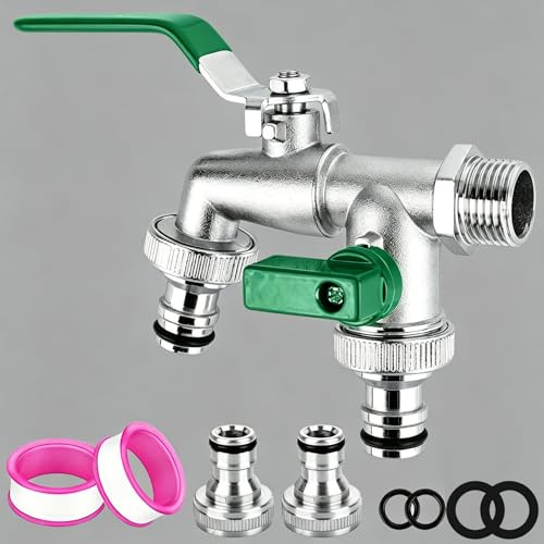 DMJJSD Wasserhahn Garten, Doppel Auslaufhahn 1/2 Zoll & 3/4 Zoll Kugelhahn Doppelwasserhahn aus Messing mit 4* Gratis Schlauchanschlüsse 2*Rollendichtband, Doppelanschluss und Schlauchtülle