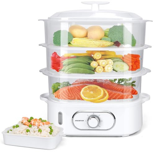 Aigostar Vaporera Eléctrica 12L, 3 Recipientes Apilables Independientes, Cuenco para Arroz, Soporte para Huevos, Temporizador 60 Minutos, Base Antideslizante, Sin BPA, 900W, Blanco