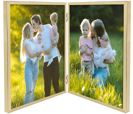 Golden State Art 8x10 Hinged Metal Frame - Floating Effect for 6x8 or Smaller Photos with Real Glass for Protection - Elegant Desk Decor for Home or Office - Light Gold