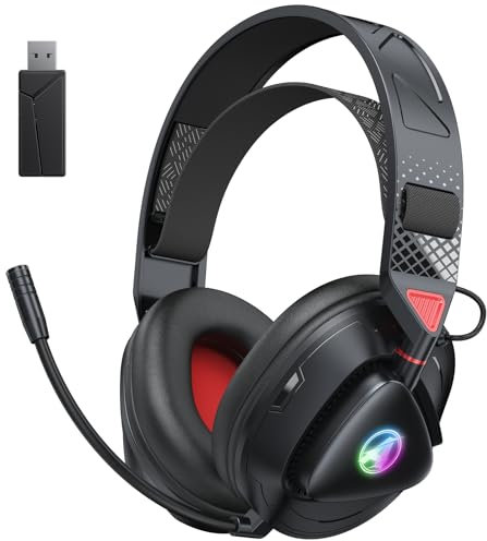 Awinnasey 2,4 GHz Wireless Gaming Headset mit Mikrofon, Bluetooth Gaming Kopfhörer mit RGB Lichter, Kabellose Gaming Headset für PS5/PS4/Switch/PC/Mac, Schwarz Rot
