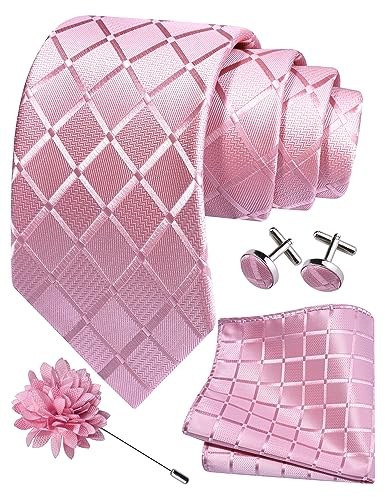 Gusleson Mens Pink Tie for Wedding Solid Silk Plaid Checkered Necktie Pocket Square Cufflinks and Lapel Pin Brooch Set (UK6104-17)