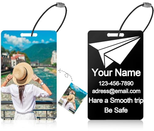 Kofferanhänger Personalisieren, Gepäckanhänger Mit Personalisierten Fotos und Text, Kofferschilder Anhänger Mit Edelstahldrahtschlaufe, für Zuhause Büro Schule, 9x5cm (Schwarz)