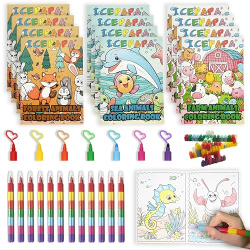 ICEPAPA, 12 Mini Libri Colorare e 12 Pastelli 7 colori