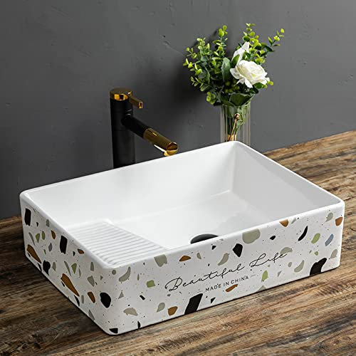 Lavabo de tocador Art Basin Fregadero rectangular for baño con tabla de lavar, lavabo de cerámica de porcelana blanca sobre encimera, sin orificio de desbordamiento, solo fregadero de cerámica Lavabo