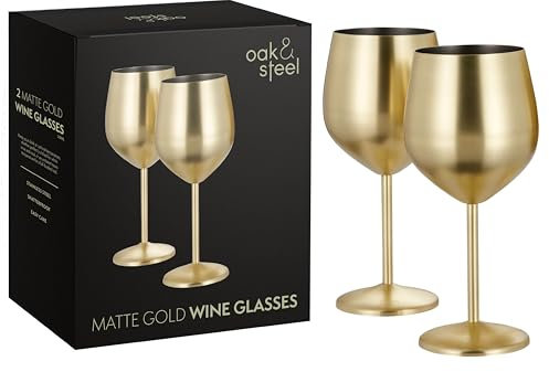 Oak & Steel - Juego de 2 copas de vino doradas mate, 550 ml, acero inoxidable, cristal irrompible, juego de regalo para el hogar, bar, boda, aniversario, fiesta de cumpleaños, al aire libre y copas de