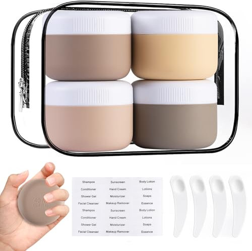 Lot de 4 Pots à Crème en Silicone de 40ml – Avec Cuillère, Étiquettes et Pochette de Voyage, Sans BPA, Idéals pour Cosmétiques et Voyage