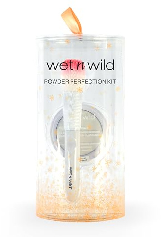 Wet n Wild Powder Perfection Kit, Schminkset mit Fixierpuder und Puderpinsel, Langanhaltender Gesichtspuder, Angereichert mit Hyaluronsäure und Vitamin E, Make-up-Pinsel mit Weichen Borsten
