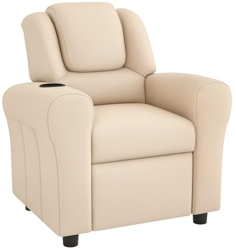 HOMCOM Sillón reclinable de piel sintética para niños, silla infantil, sillón para niños pequeños con respaldo ajustable, reposapiés, reposacabezas acolchado, portavasos, color beige