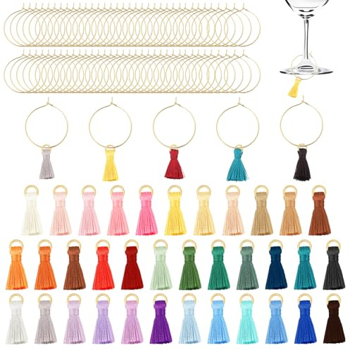 CHGCRAFT 105 pcs Wine Glass Charms Kit Polyester Tassel Pendans Brass Wine Glass Charm Rings Markers Charms for Stem Glasses Holiday Birthday Wine Tasting Party, Mixed Color