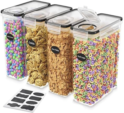 Cereal Storage Containers 4Pcs, 4L Food Grade & BPA Free Plastic Food Storage Dispenser with Flip-Top Lids Airtight and Labels,Large Kitchen Organiser Pantry Organisation, Ideal for Cornflakes, Flour