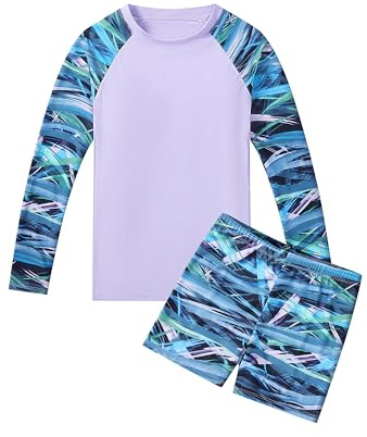 Girls Long Sleeve Swimsuits Rash Guard Sun Protection UPF 50+ Swimwear 2 Piece Swim Set Girls Swimming Costume 4-14 Years Purple