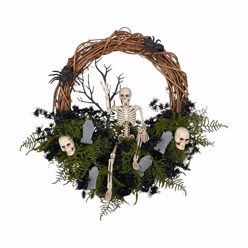 FLOROAD 20 Halloween Wreath for Front Door, Natural Grapevine Wreath with Faux Moss Skull Skeleton Spider Tombstone, Halloween Home Decor, Original Design, True to Size, Handmade