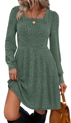 Cicy Bell Freizeitkleider für Damen Leichte Strickkleid Pulloverkleid Langarm A-Linie Casual Babydoll Herbst Kleider,Armeegrün,L