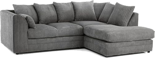 Darnall Jumbo Cord Corner Sofa 4 Seater, Comfortable L Shaped Lounge Sofa Scatter Back, Corduroy Fabric Sectional Sofa for Living Room, Strong Frame Construction, Delivery & Setup Included (Grey)