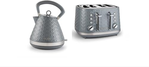 Morphy Richards Vector Pyramid Kettle and 4-Slice Toaster Set – 1.7L Rapid Boil Traditional Kettle with Anti-Limescale Filter & Variable Browning 4-Slice Toaster, Grey 108135 | 248135