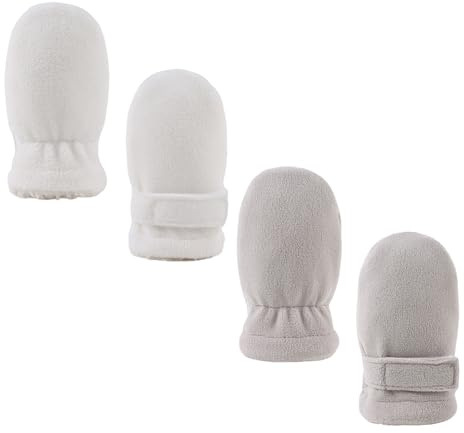MniJiza Baby Winter Mittens Newborn Fleece Lined Gloves Infant Adjustable Mitts Warm Mitten for Toddler Boys Girls (White+Gray, 0-6M)