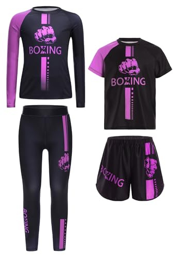 Yeahdor barn pojkar boxningsdräkter MMA Muay Thai boxningsset Rashguard barn BJJ Jiu Jitsu ringar t-shirts shorts byxor, lila, 110/116 cm