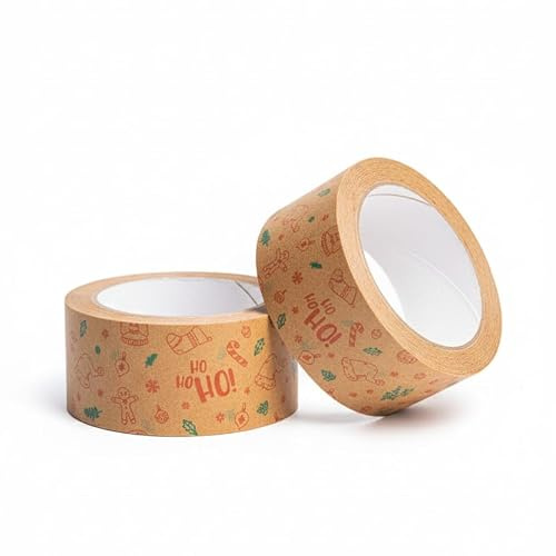 MASHPAPER Weihnachtliches Papier-Packband „HO HO HO“, braun, 50 mm × 40 m – bedrucktes Klebeband für Geschenke, Versandkartons