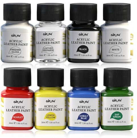 Colorful Leather Paint Set for Shoe,8 Colors 1oz for Leather Projects | Premium paint for bags, wallets, jackets & crafts. Waterproof, flexible, long-lasting; includes brush & palette.