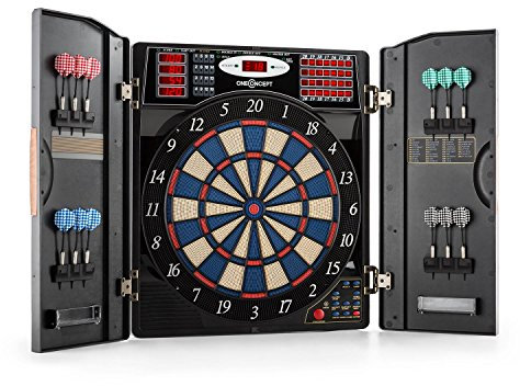 OneConcept Masterdarter - Dartautomat elektronisch, Dartboard, E-Darts, Dartautomat mit Spielcomputer, 38 Verschiedene Spiele, 211 Spielvarianten, bis zu 16 Spieler, virtueller Gegner, Holzoptik