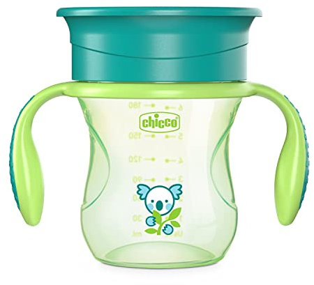 Chicco Perfect Cup Primo Bicchiere per Bambini 200 ml, 1 Tazza Biberon 12+ Mesi per Imparare a Bere, con Membrana in Silicone a 360° e Manici Rimovibili, senza BPA - Verde o Arancione