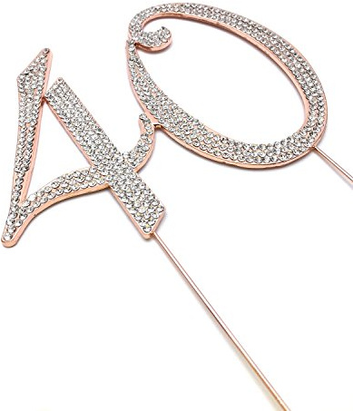 World of Sparkles 12cm Curly 40 Cake Toppers for 40th Birthday Party or Anniversary with Silver Diamante Rhinestones Diamonds with Rose Gold Base for Anniversary, Birthday Kids Children Adults