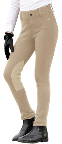 HORZE Nora Girls Riding Pants with Leather Knee Patch | Kids Equestrian Girls Jodhpurs Breeches | Size Chart in Images - Tan - XS