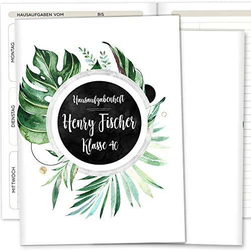 OLGS Hausaufgabenheft Hülle Tropical Green inkl. Heft Schulheft Schutzhülle Umschlag Geschenkidee Einschulung personalisierbar mit Namen und die Schulklasse (personalisiert, Tropical Green 07)
