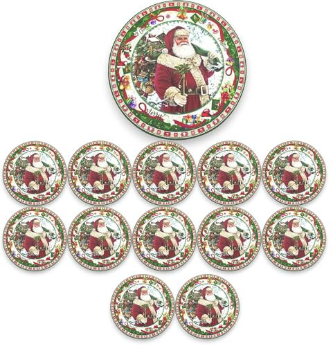 12 Sottopiatti Multicolore Stella di Natale Fondo Bianco in plastica Rigida Tondo 33 cm Bordo Liscio cenone sotto Piatto Giardino Picnic Bianco Rosso Verde Decorazioni Stelle Oro