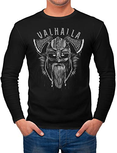 Neverless® Herren Long-Sleeve Valhalla Wikinger Helm Viking Odin Krieger Printshirt Langarm-Shirt schwarz XXL