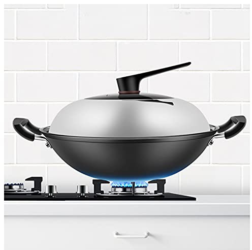 Wok in Ferro Con Fondo Piatto Per Uso Domestico Con Manico in Legno E Coperchio in Vetro Per Fornelli Elettrici, A Induzione E A Gas,40cm