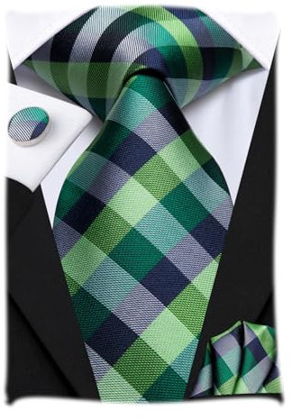 Hi-Tie Herren Krawatte Schwarz Paisley/Plaid/Streifen/Einfarbig Krawatten Set Einstecktuch Manschettenknöpfe Business Formal Hochzeit Meeting Geschenkbox,schwarz grün plaid