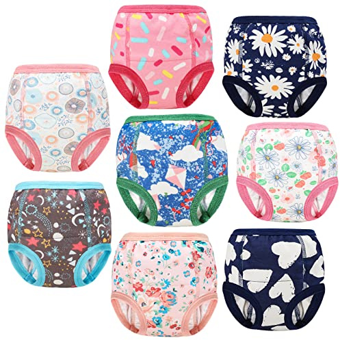 FLYISH DIRECT Potty Training Pants for Girls, 100% Cotton Potty Trainer Pants for Toddlers, Reusable Toilet Training Underwear, 8 Packs, Pink Flowers, 7 Years
