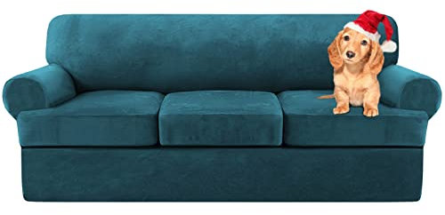 Sofa Cover,T Cushion Sofa Cover Velvet Non-Slip T Cushion 1/2/3 Seater Couch Cover with Individual T Cushion Seat Cover with Elastic Bands Furniture Slipcovers Protector (Deep Blue,3 Seater-4Pieces)