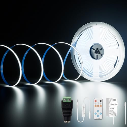 PAUTIX COB LED Strip 10M 6000K Daylight White LED Strip Light with Transformer Dimmable 24V Flexible LED Tape Light Kit, RF Remote, CRI93+ 8mm Width for Acoustic Panels Cabinet Kitchen Shelf Mirror
