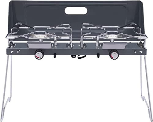 WENNEWU PoêLe à BrûLeur, RéChaud De Camping à Gaz, RéChaud à Gaz Butane Portable à Double BrûLeur pour Barbecue De Camping, ContrôLe De TempéRature IndéPendant,Métallique